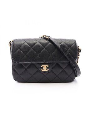 Chanel Shoulder Bag Quilted Flap Black Caviar Leather Chain